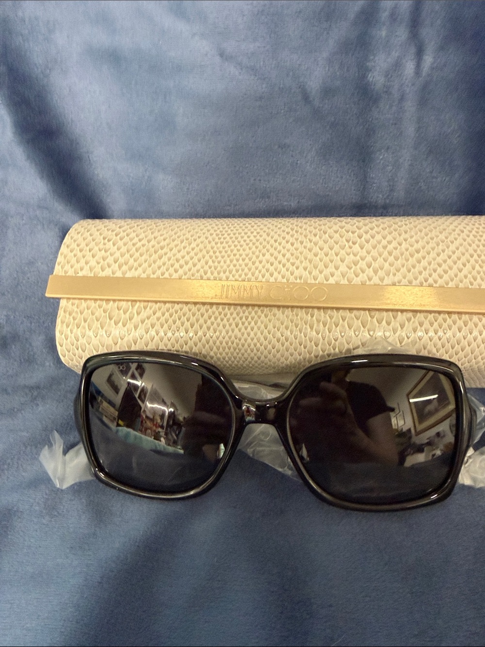 Jimmy Choo Black Oversized Square Sunglasses with Cream Textured Case